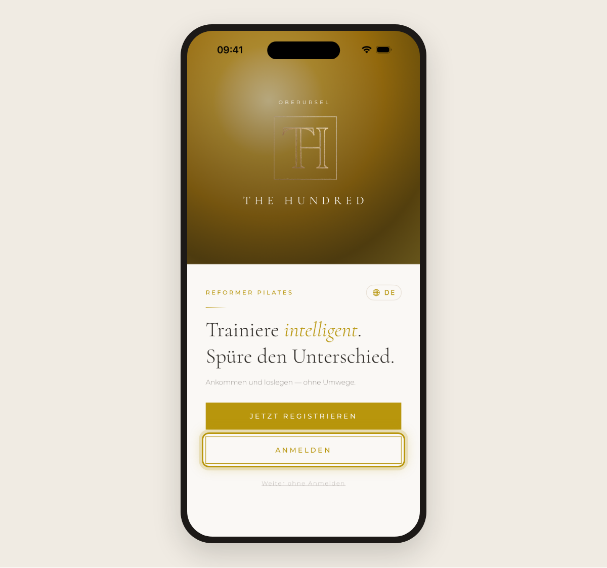 Startbildschirm der App mit markiertem Button „Anmelden“