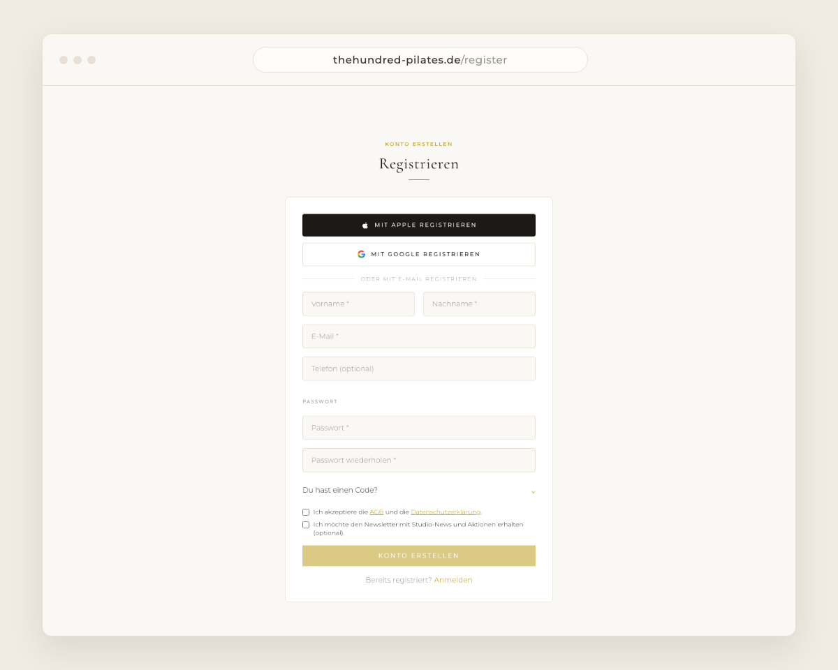 Registrierungsformular auf thehundred-pilates.de