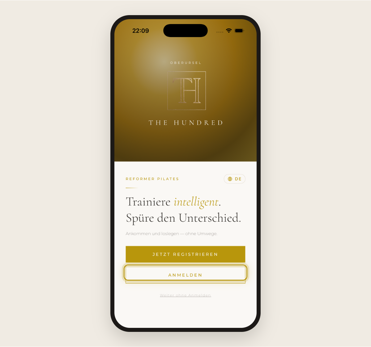 Startbildschirm der App mit markiertem Button „Anmelden“