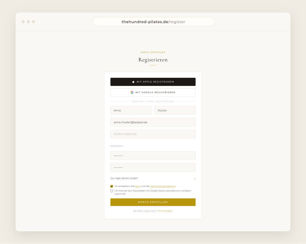 Registrierungsformular auf thehundred-pilates.de